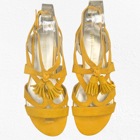 Anne Klein Noreen Golden Yellow Suede Tassel Flat Sandals Boho Chic Size 6 - Picture 12 of 15